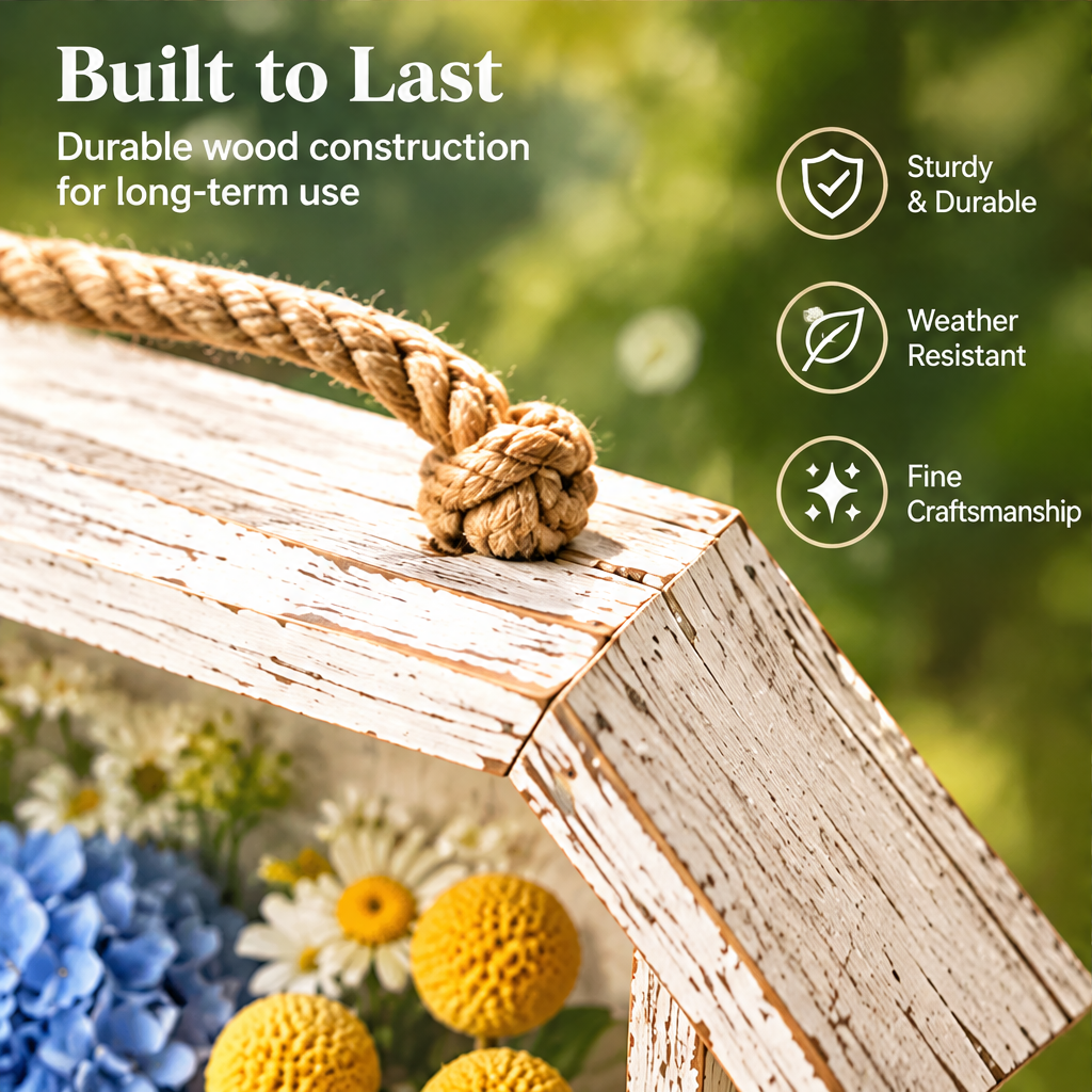 Close-up of the rope knot and distressed wooden roof beside text highlighting durable wood construction.