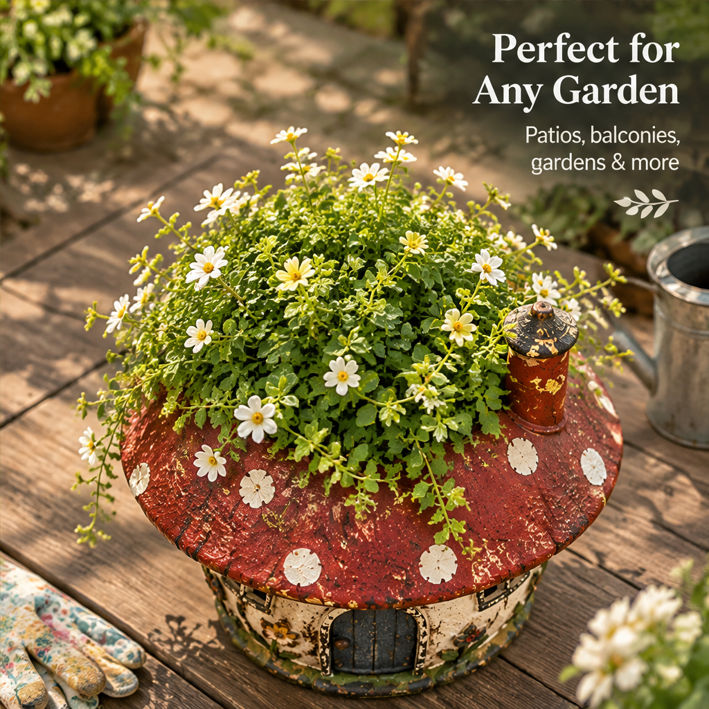 Overhead view of a mushroom cottage floral display beside patio, balcony and garden styling text.