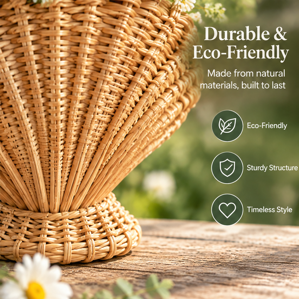 Close-up of the radiating rattan weave and pedestal base with text highlighting sturdy structure.