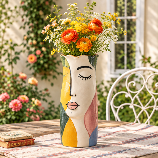 Multicolor ceramic face vase holding orange and yellow flowers on a wooden table.