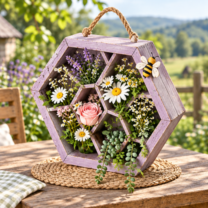 Lavender hexagon wooden frame with honeycomb compartments, a rope-style handle and bee detail, styled with flowers.