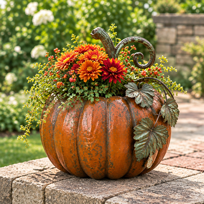 Distressed orange pumpkin planter with curling vine and sculpted leaf details, styled with orange and red flowers.