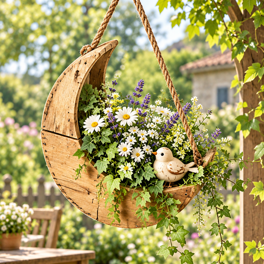 Rustic crescent moon hanging vessel on rope, styled with white flowers, purple blooms, greenery and a bird ornament.