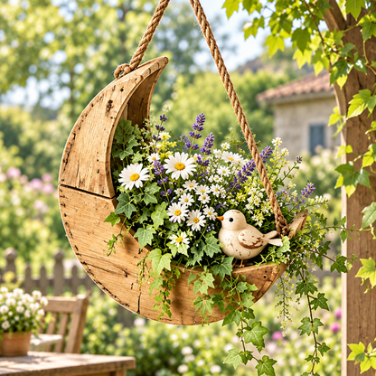 Rustic crescent moon hanging vessel on rope, styled with white flowers, purple blooms, greenery and a bird ornament.