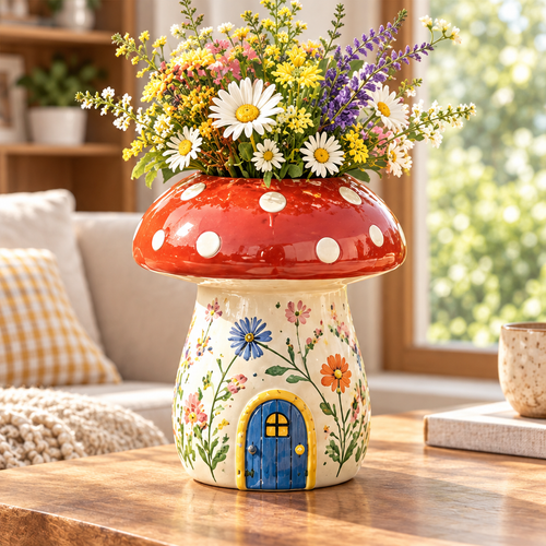 Mushroom house vase with a red white-spotted cap, cream floral body and blue door, holding flowers indoors.