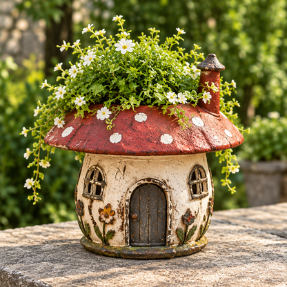 Rustic mushroom cottage planter with a red white-spotted roof, cream walls, arched door and flowers styled on top.