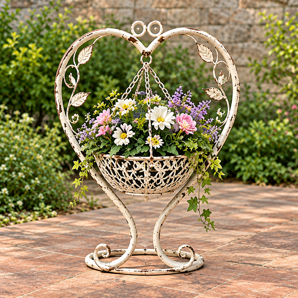 Distressed cream heart-shaped stand with leaf details and a suspended openwork basket styled with flowers and greenery.