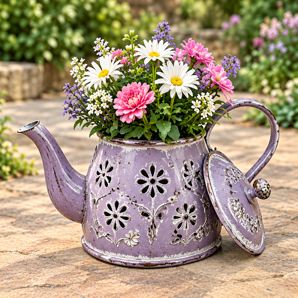 Distressed lavender teapot-shaped floral holder with flower cutouts, a curved handle and lid shown beside colorful flowers.