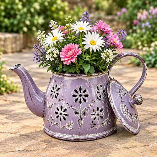 Distressed lavender teapot-shaped floral holder with flower cutouts, a curved handle and lid shown beside colorful flowers.