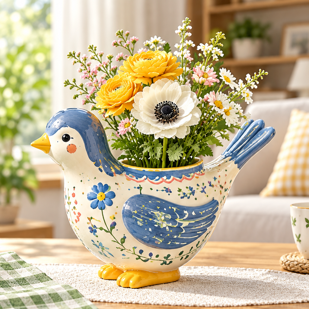 Blue and cream bird-shaped vase with floral patterns, yellow beak and feet, holding flowers on an indoor table.