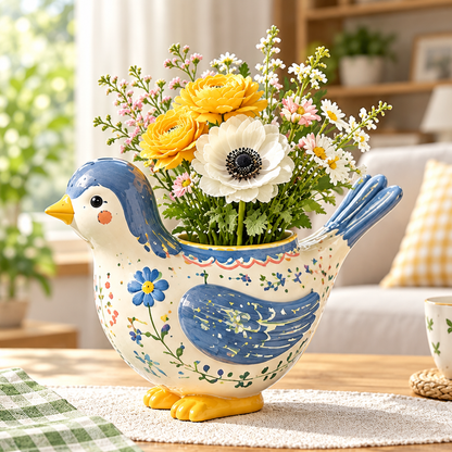 Blue and cream bird-shaped vase with floral patterns, yellow beak and feet, holding flowers on an indoor table.
