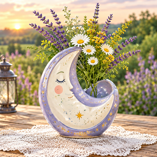 Lavender crescent moon vase with a cream sleepy face and star motifs, holding purple, white and yellow flowers.
