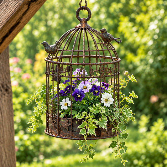 Antique bronze-tone birdcage floral holder hanging outdoors with purple and white flowers and trailing greenery.