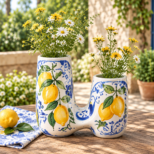 White double-opening vase with yellow lemons, green leaves and blue patterns, holding yellow and white flowers.