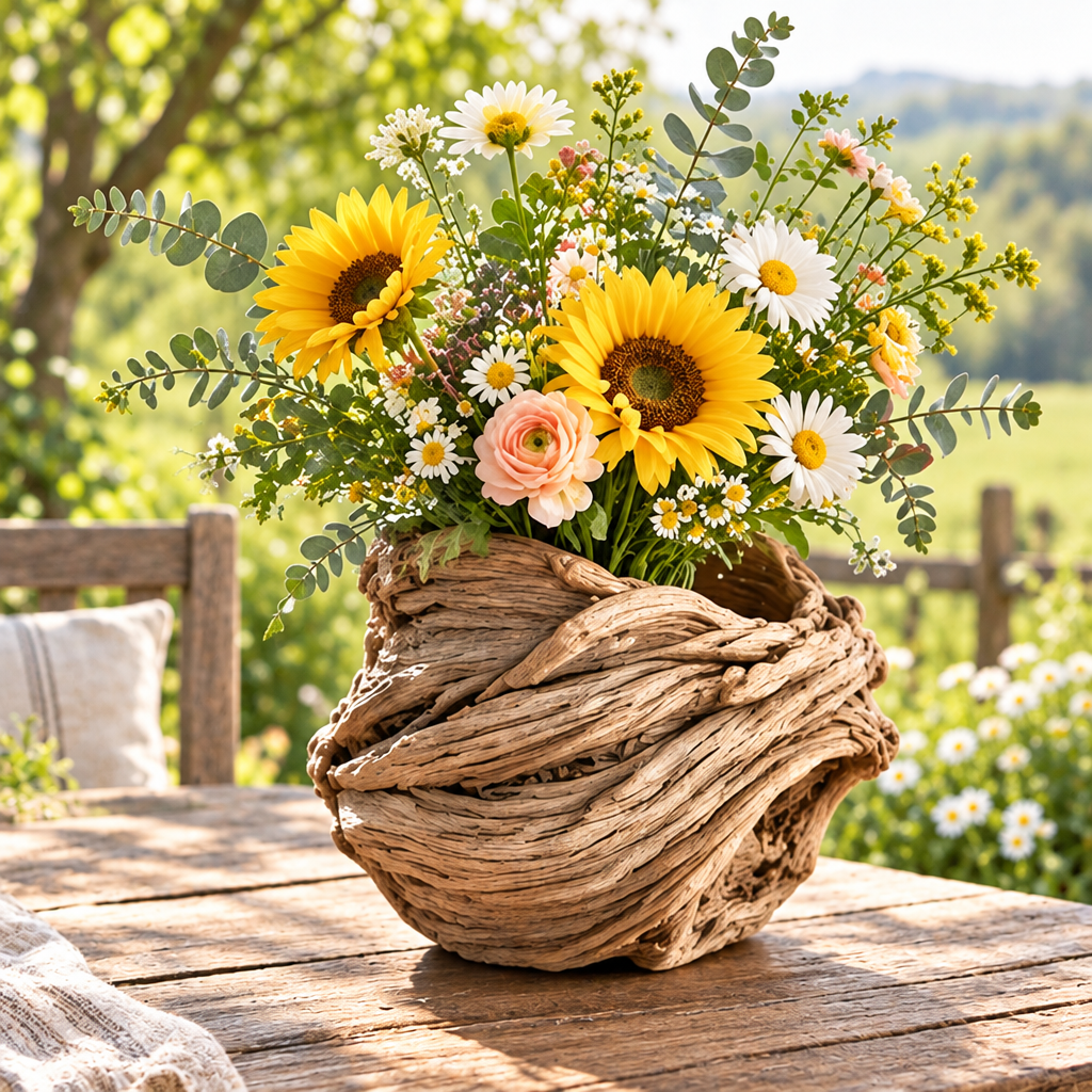 Rounded natural wood-tone woven vessel holding sunflowers, daisies and pink flowers on a wooden table.