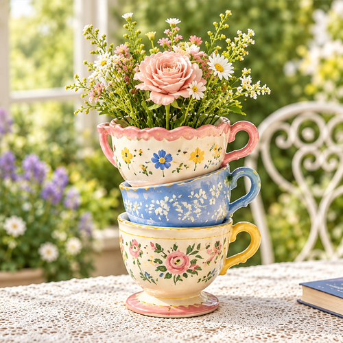 Three floral teacup vases stacked with pink, blue and yellow accents, holding a rose and small flowers.