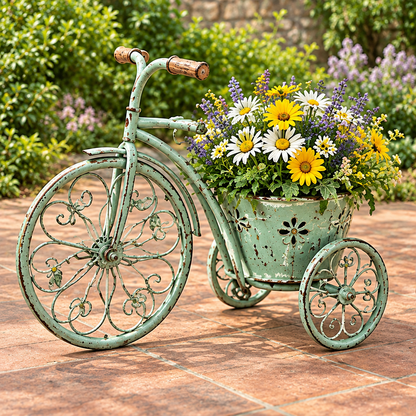 Distressed mint green decorative tricycle planter with ornate wheels and floral cutouts, styled with colorful flowers.