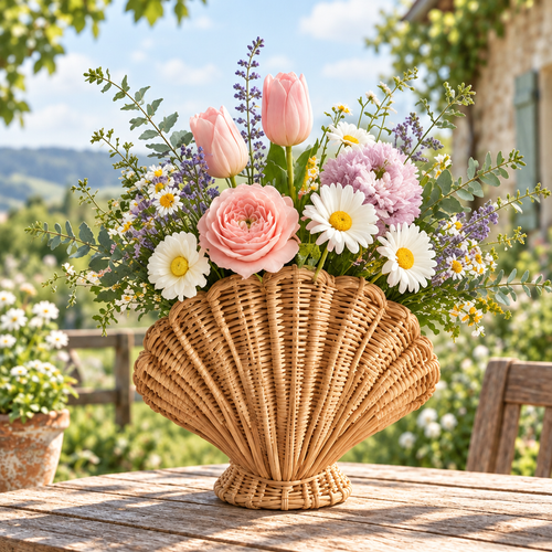 Shell-shaped natural rattan floral vessel holding pink and white flowers on a wooden table.