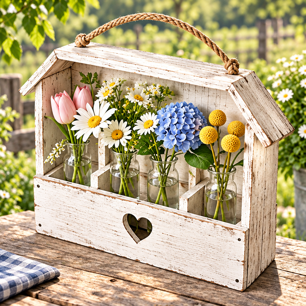 Distressed white house-shaped wooden floral holder with a heart cutout and rope handle, styled with four flower bottles.