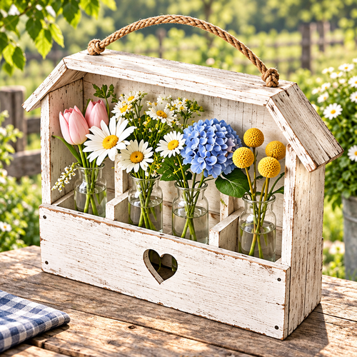 Distressed white house-shaped wooden floral holder with a heart cutout and rope handle, styled with four flower bottles.