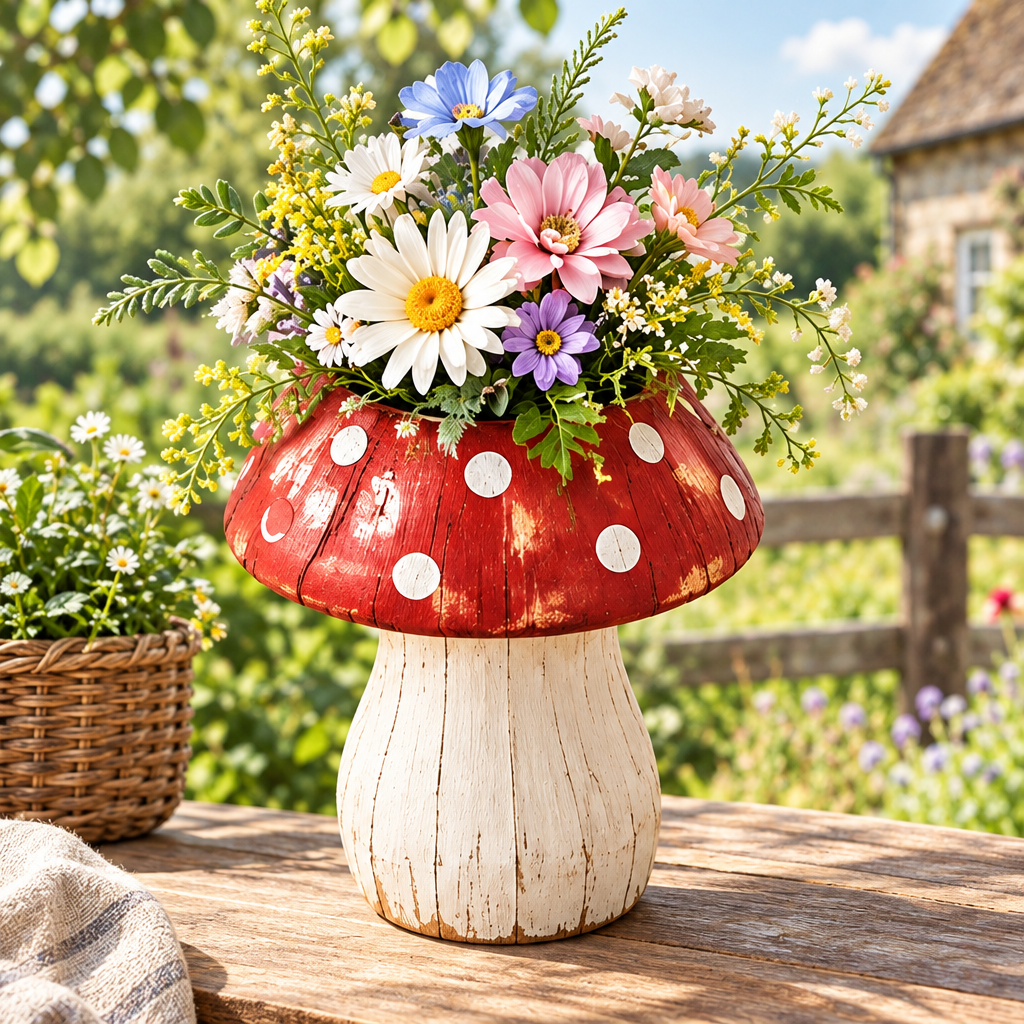 Rustic mushroom-shaped wooden vessel with a red white-spotted cap and cream stem, holding colorful flowers.