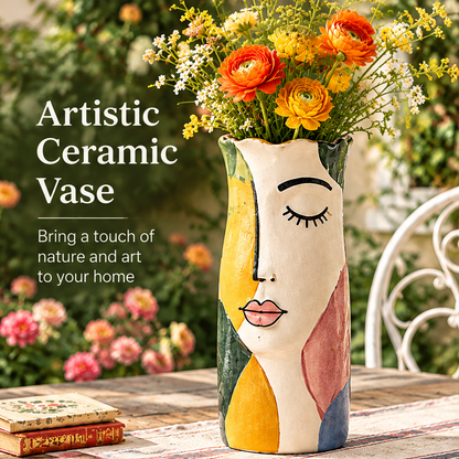 Front view of a ceramic face vase with flowers beside Artistic Ceramic Vase text.