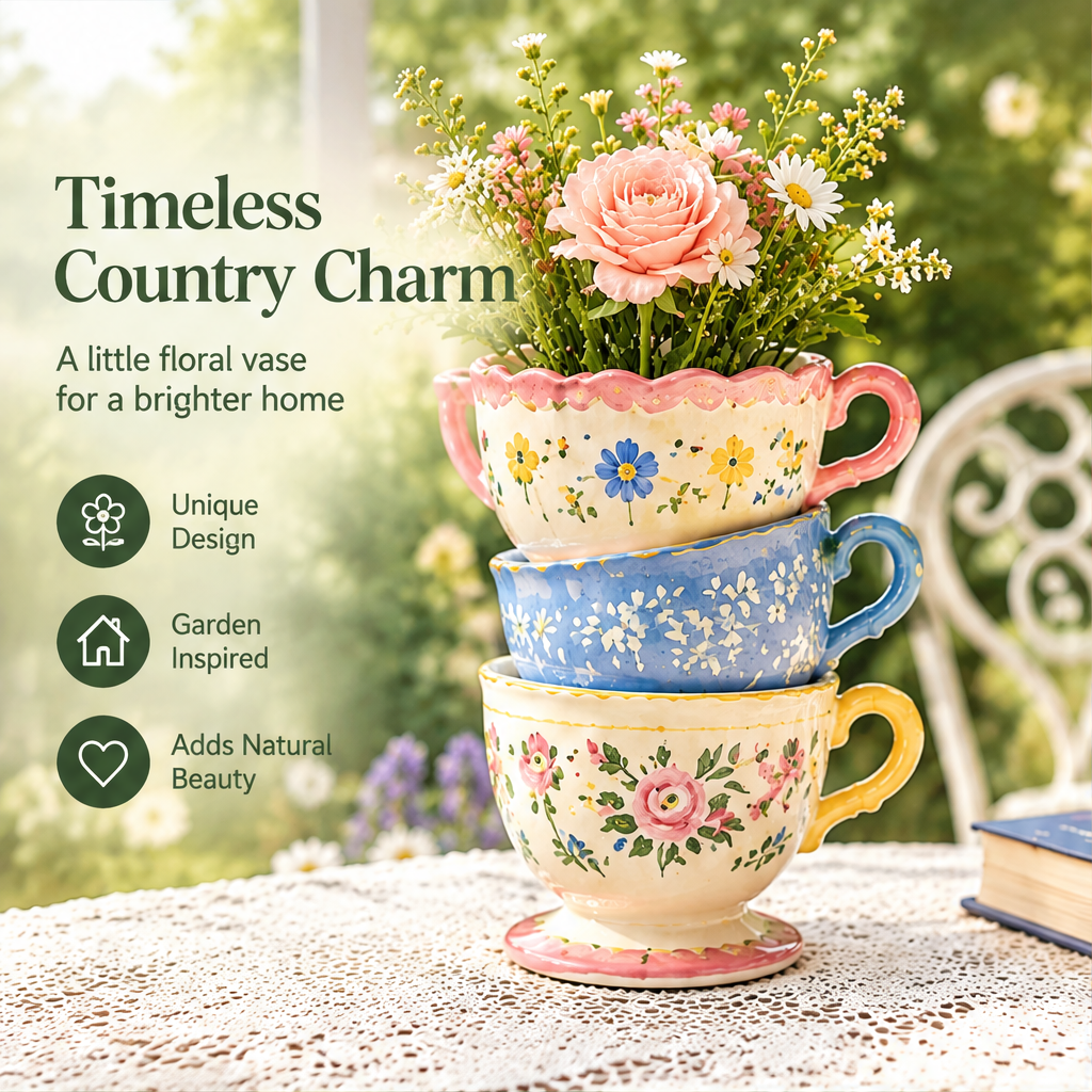 Floral teacup vase display beside text suggesting home decor, office desk styling and gifting.