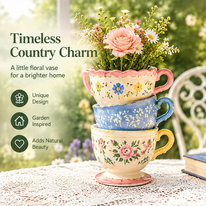 Floral teacup vase display beside text suggesting home decor, office desk styling and gifting.