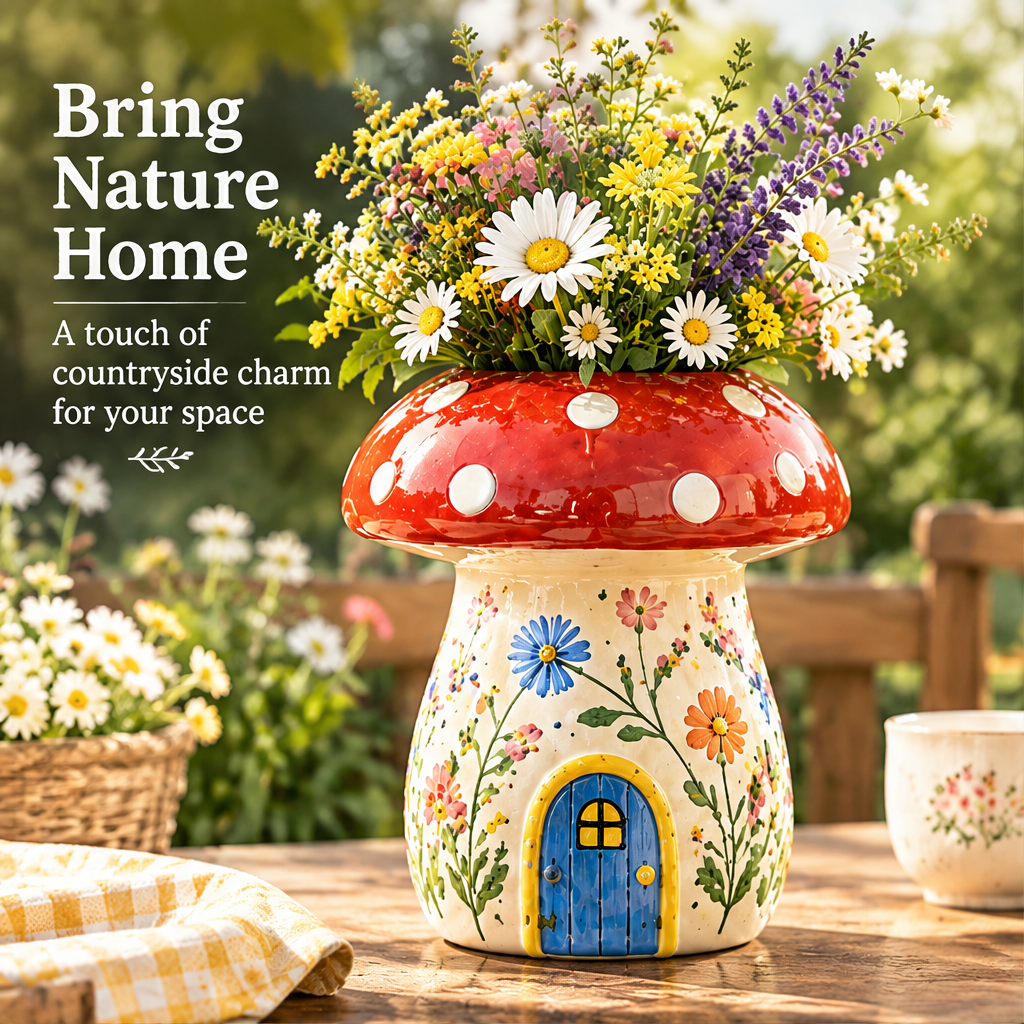 Front view of a mushroom house vase with flowers beside text describing countryside charm.