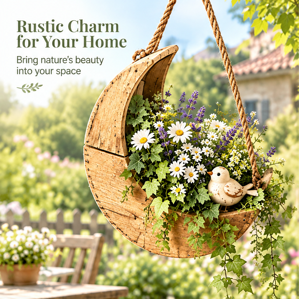 Crescent hanging floral vessel beside text describing rustic charm for the home.