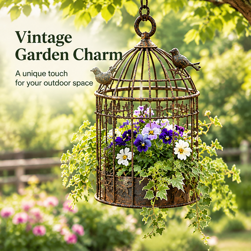 Hanging birdcage floral holder beside text describing vintage garden charm.