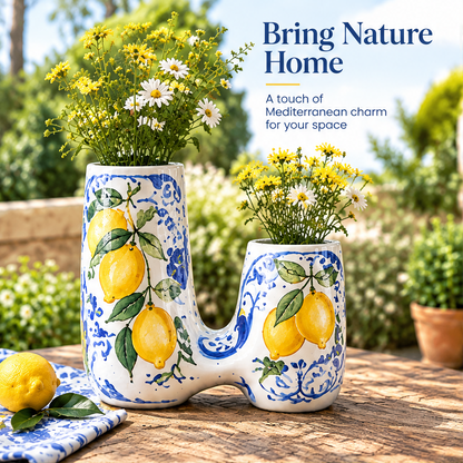 Lemon-patterned double-opening vase with flowers and text describing Mediterranean charm.