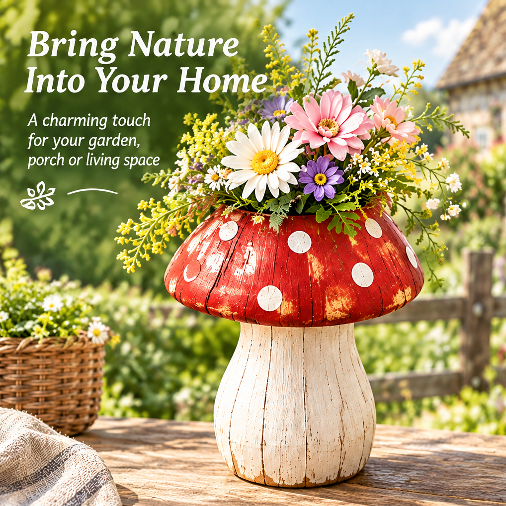 Red mushroom floral vessel with flowers beside text suggesting garden, porch and living space styling.