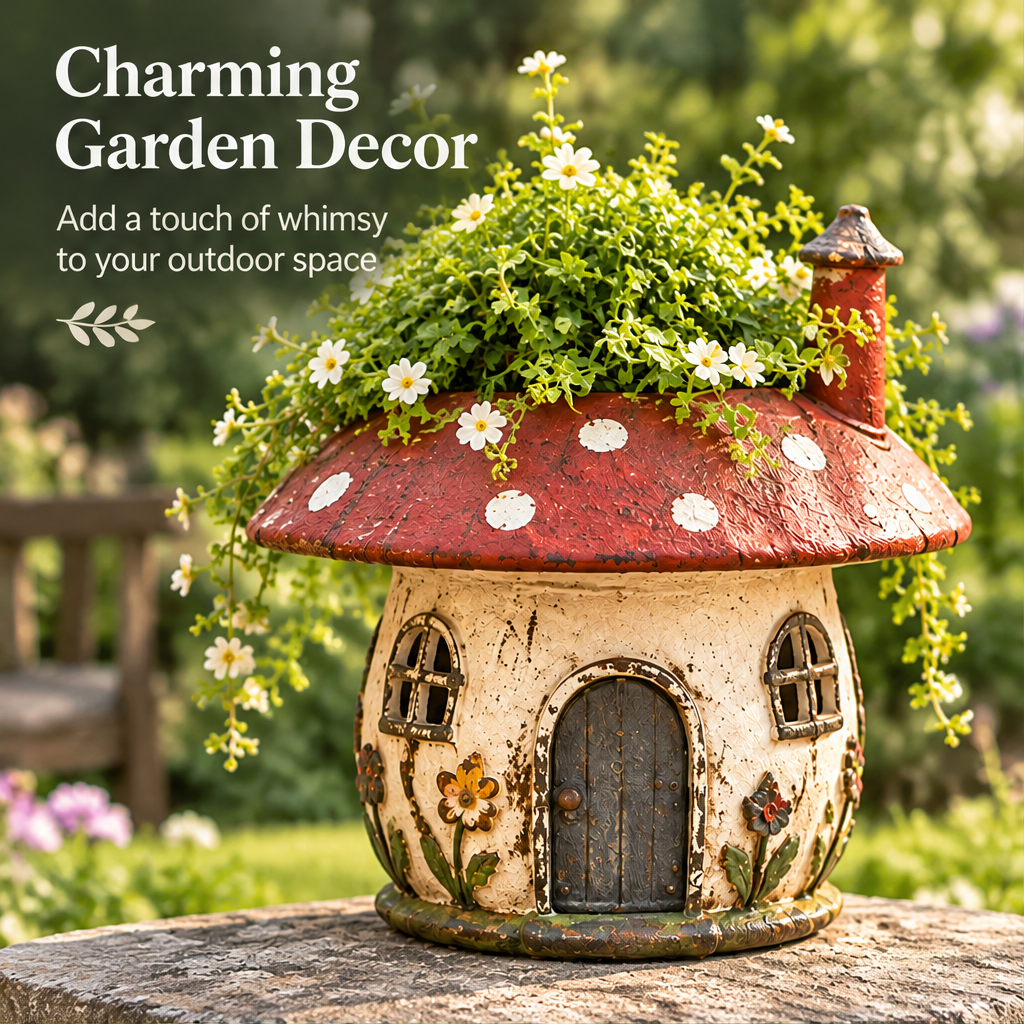 Front view of a mushroom cottage planter beside charming garden decor text.