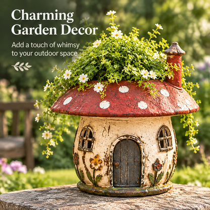 Front view of a mushroom cottage planter beside charming garden decor text.