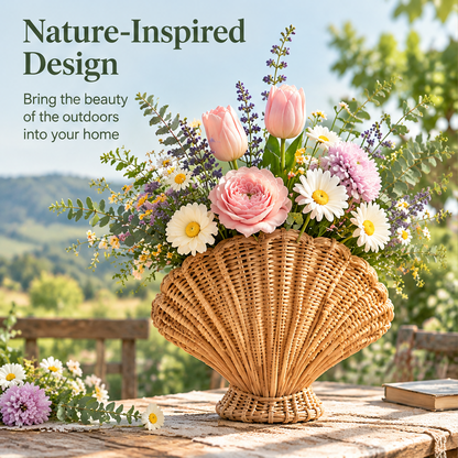 Shell-shaped rattan vessel with flowers beside text describing nature-inspired design.