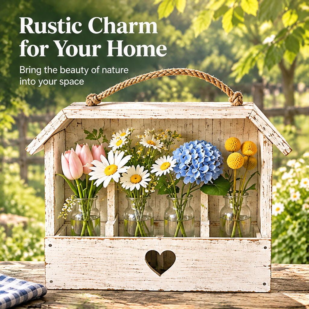 Front view of a white house-shaped floral holder beside text describing rustic charm.