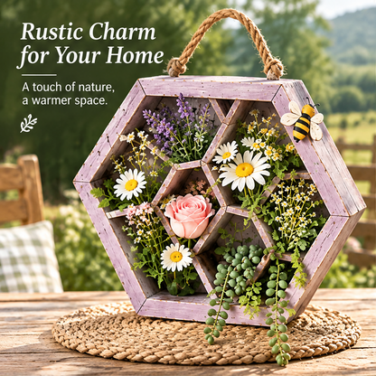 Lavender hexagon floral display frame beside text describing rustic charm for the home.