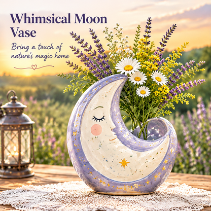 Crescent moon vase with flowers at sunset beside text describing a whimsical moon vase.