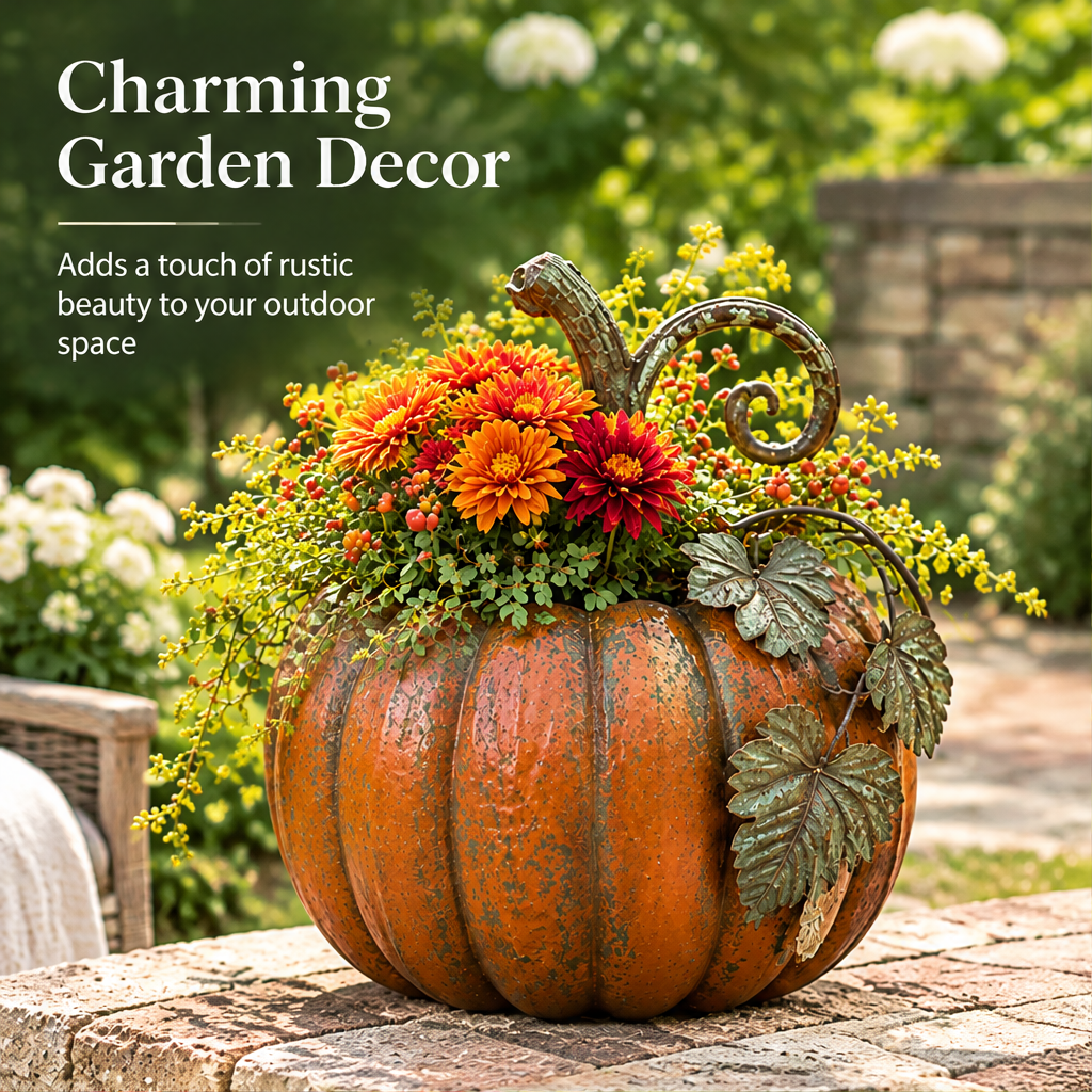 Orange pumpkin planter with flowers beside text describing charming rustic garden decor.