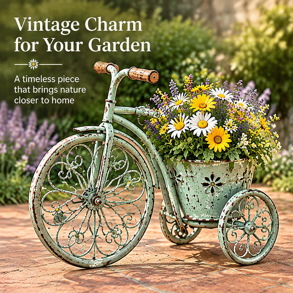 Mint green tricycle planter beside text describing vintage garden charm.