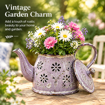 Lavender teapot floral holder beside text describing vintage garden charm.