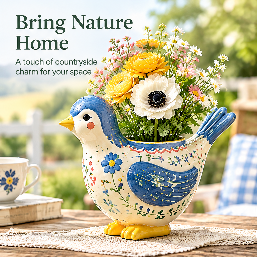 Blue bird ceramic vase with flowers beside text describing countryside charm.