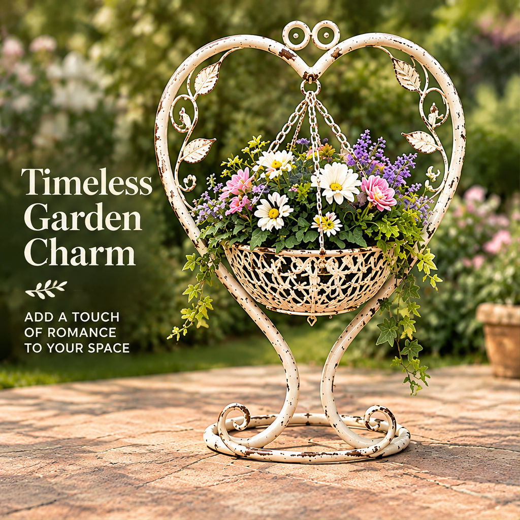 Heart floral basket stand beside text describing timeless garden charm and romantic styling.