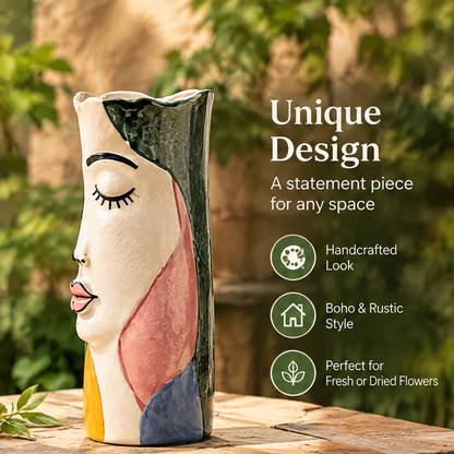Side view of a colorful face vase with text highlighting boho style and fresh or dried flower use.
