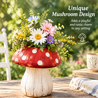 Mushroom floral vessel beside text highlighting its unique playful rustic design.