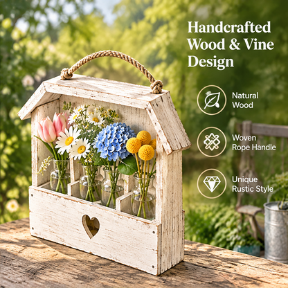 Angled view of a house-shaped holder with text highlighting natural wood, a woven rope handle and rustic style.