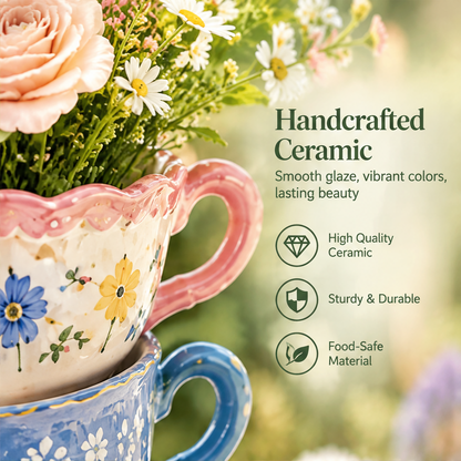 Stacked floral teacup vases with flowers beside text highlighting timeless country charm.