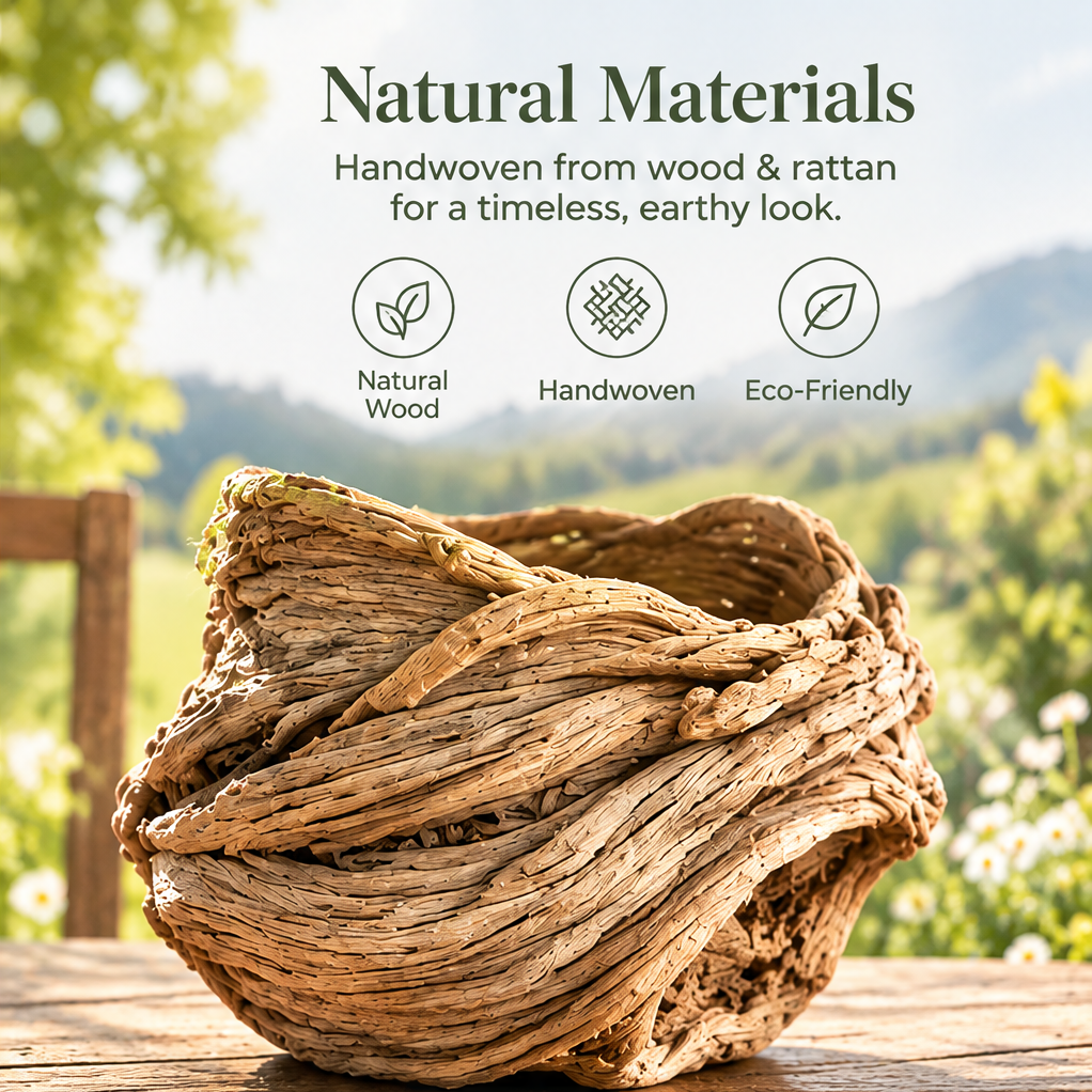 Empty woven vessel showing its irregular rim and layered texture with text describing wood and rattan materials.