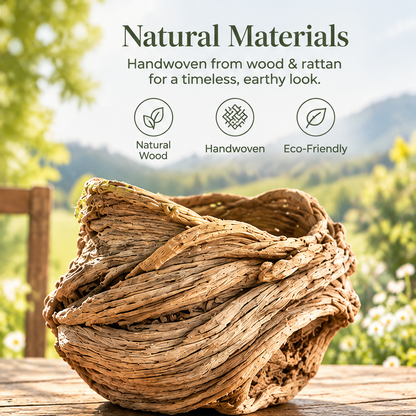 Empty woven vessel showing its irregular rim and layered texture with text describing wood and rattan materials.